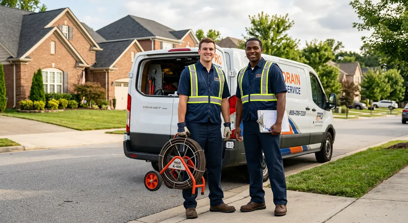 Sewer and drain service team with equipment ready for work in Jonesboro