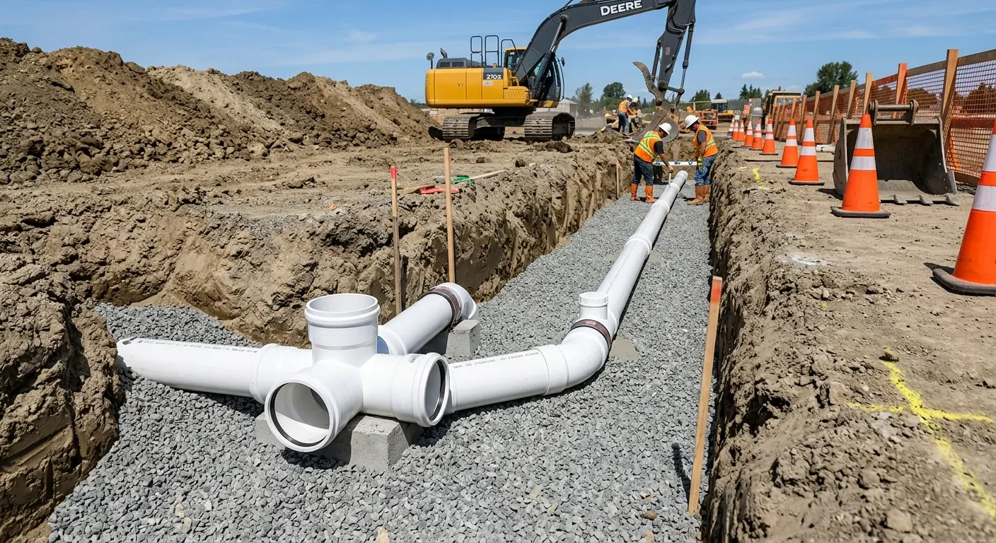 New PVC sewer pipe installation in open trench for Commercial Drain Cleaning in Jonesboro