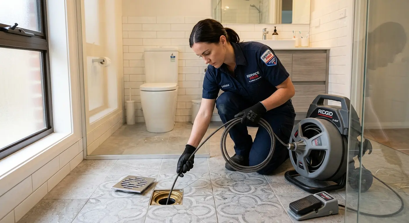 Technician clearing a bathroom floor drain for Drain Cleaning in Jonesboro